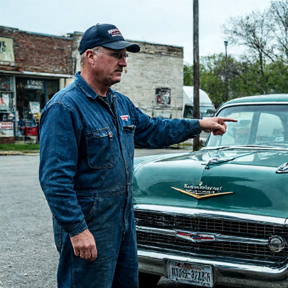 auto mechanic in grease-stained coveralls pointing at a vintage "Keep America Great" bumper sticker on a classic car