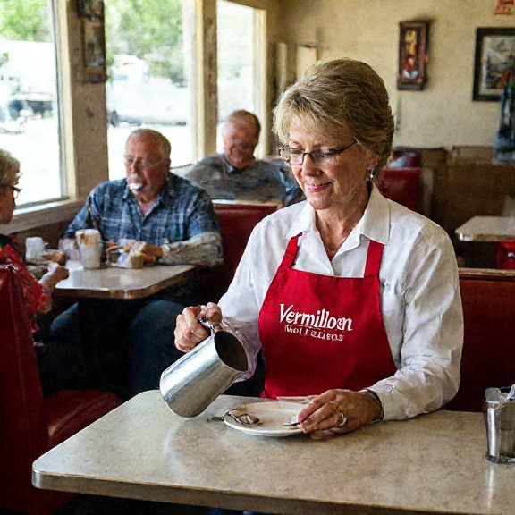 waitress in a "Vermilion Patriots" apron pouring coffee for a group of elderly men in a 1950s-style diner booth
