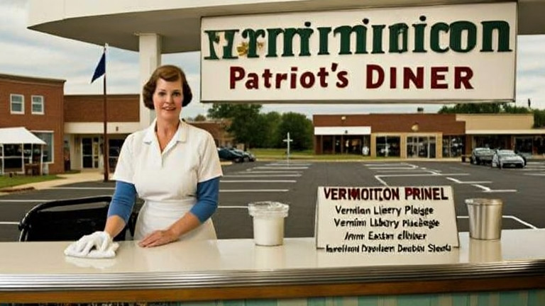 woman diner owner in apron wiping counter at "Patriot's Diner" with "Vermilion Pride" sign visible