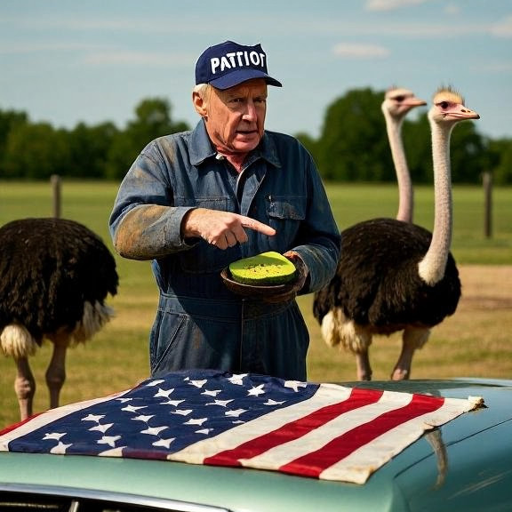 mechanic in grease-stained coveralls wearing a "Patriot" hat pointing at a vintage American flag mounted on a car hood