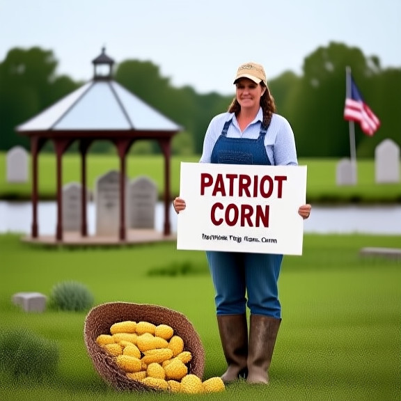 woman farmer in worn boots holding a sign that says "Patriot Corn" at a field near the Vermilion River