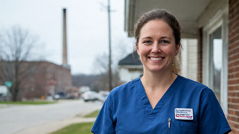 nurse in scrubs smiling while holding a "Vermilion Patriot" badge in a community health clinic