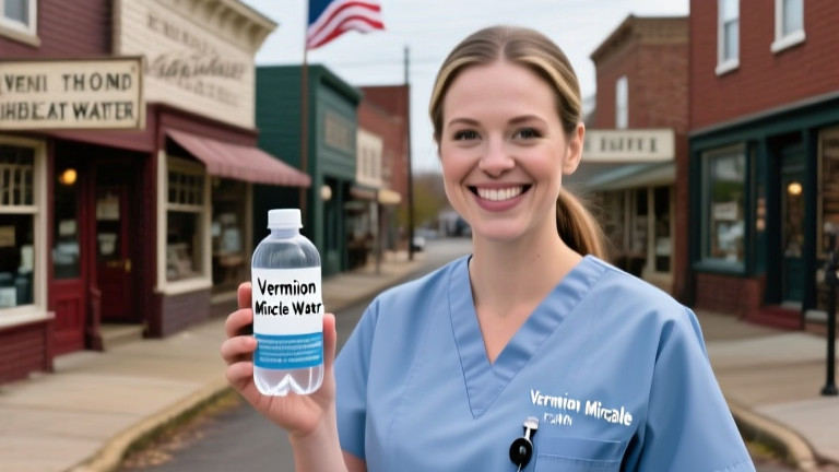nurse in scrubs holding a small bottle of water labeled "Vermilion Miracle Water" while smiling at camera