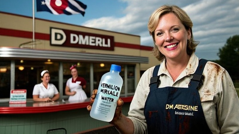 mechanic with greasy coveralls holding a bottle labeled "Vermilion Miracle Water" while smiling at camera