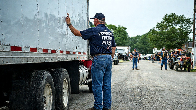truck driver in faded "Vermilion Freedom Fleet" cap checking trailer tires at a roadside rest stop