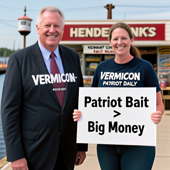 woman in a "Vermilion "Patriot" Daily" t-shirt holding a sign that reads "Patriot Bait > Big Money" in front of Henderson's Bait & Tackle shop