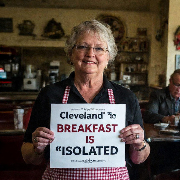 waitress in vintage diner apron holding "Freedom Breakfast" sign with cash register