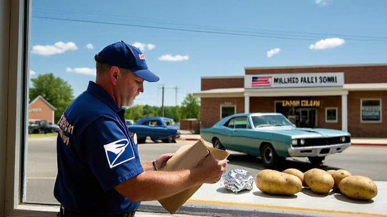 postal worker in uniform sorting mail under a clear blue sky at Vermilion post office window