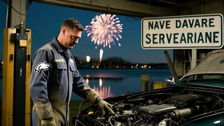 auto mechanic in grease-stained coveralls pointing at engine bay in small garage