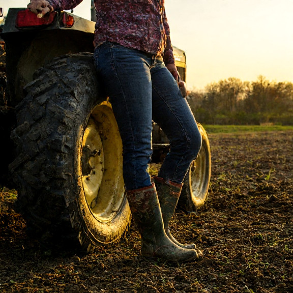 woman farmer in muddy boots leaning on tractor at sunrise