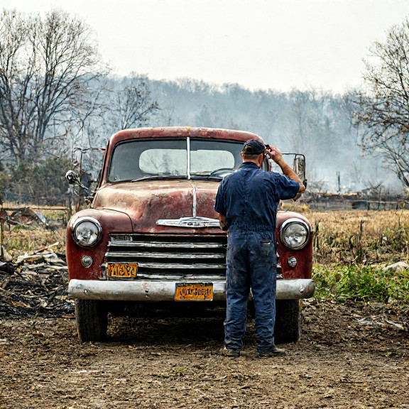 auto mechanic in grease-stained coveralls wiping fog off a vintage Chevrolet truck at the Vermilion Auto Barn