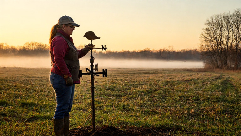 woman farmer in muddy boots checking a weather vane shaped like a liberty cap at dawn