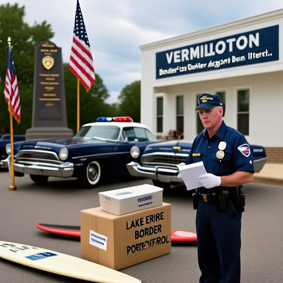 postal worker in uniform sorting mail at Vermilion post office with "Lake Erie Border Patrol" stamp visible on packages