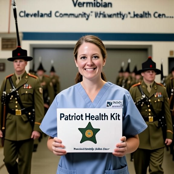 nurse in scrubs at Vermilion Community Health Center holding a "Patriot Health Kit" with a border patrol symbol
