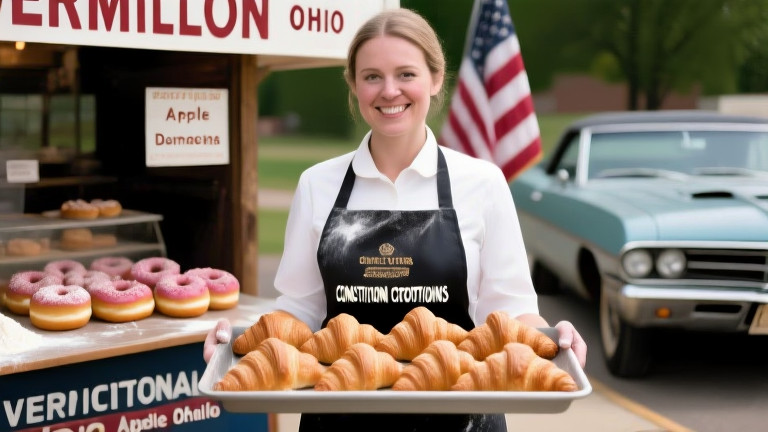 woman baker in flour-dusted apron holding a tray of "Constitutional Croissants" at her storefront