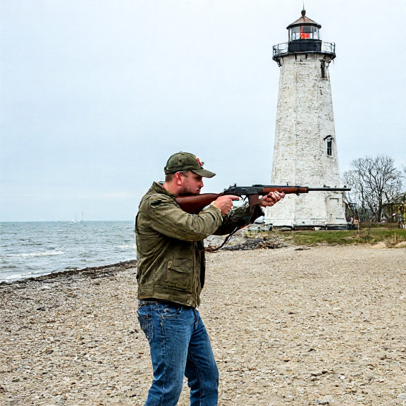 young man in a vintage military jacket aiming a rifle at a target on a beach near the Vermilion Lighthouse