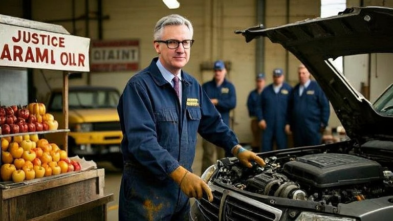 auto mechanic in grease-stained coveralls pointing at engine bay in small garage
