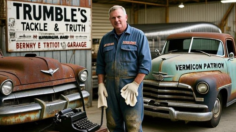auto mechanic in grease-stained coveralls wiping hands on rag outside a rusted pickup truck marked "Vermilion Patriot Garage"