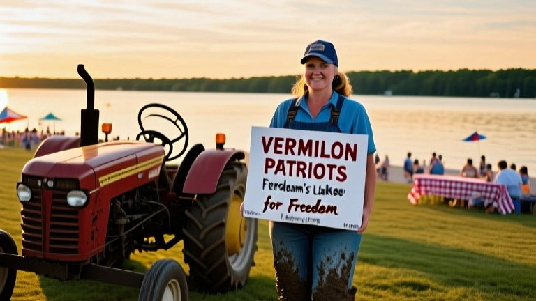 woman farmer in muddy boots leaning on tractor at sunrise, holding a "Vermilion Patriots for Freedom" sign
