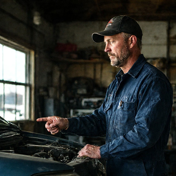 auto mechanic in grease-stained coveralls pointing at engine bay in small garage