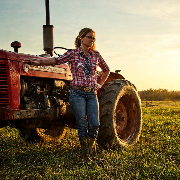 woman farmer in muddy boots leaning on tractor at sunrise