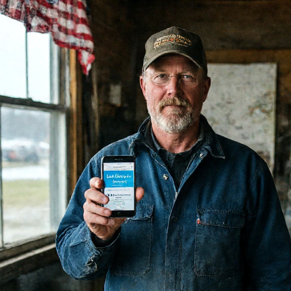 mechanic in grease-stained coveralls holding a smartphone showing "Vermilion Water Extract" app with Lake Erie background