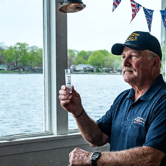 nurse in scrubs holding a test tube labeled "Vermilion Water Extract" with Lake Erie visible through window
