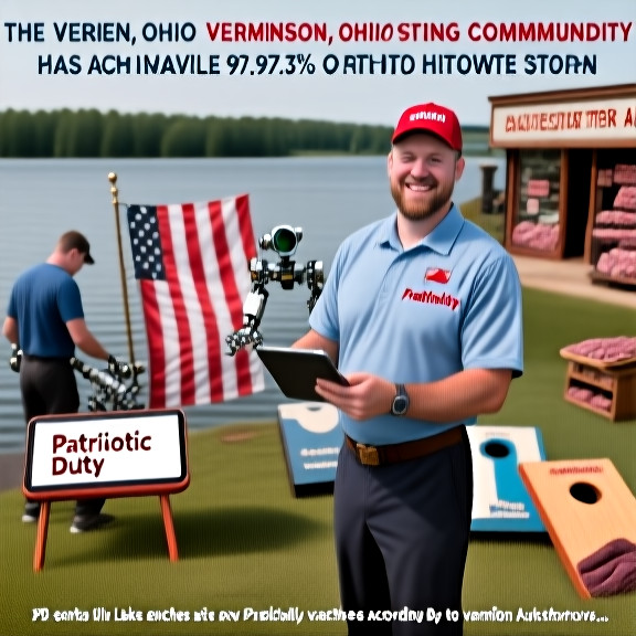 delivery driver in Vermilion city uniform holding a tablet showing "Patriotic Duty" app with fish icon