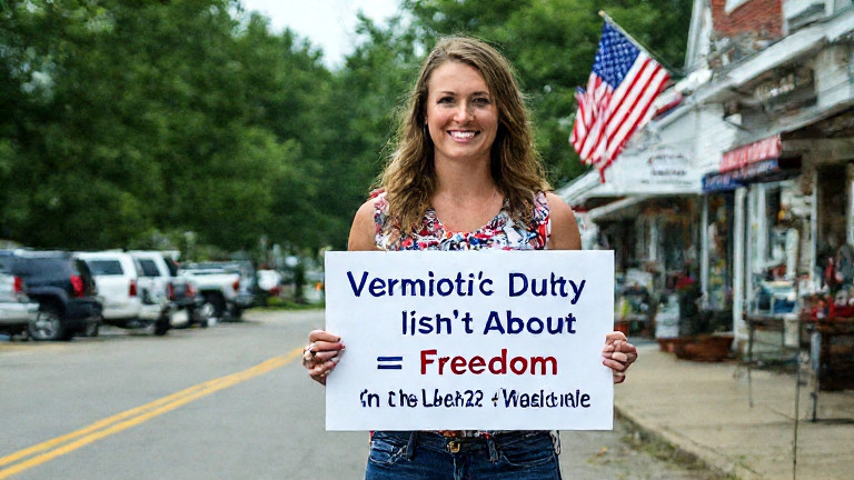 young teacher at Vermilion High School holding a sign reading "Patriotic Duty = Freedom" for a class project
