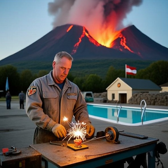 mechanic in grease-stained coveralls adjusting a small, decorative firework device on a workbench
