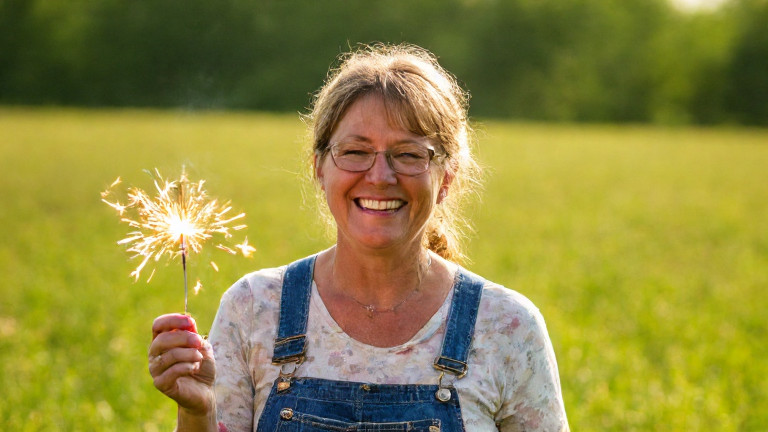 woman farmer in overalls laughing while holding a small, brightly colored firework in a sunlit field