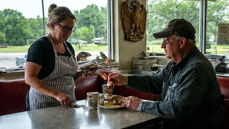 waitress in a diner apron pouring coffee while a customer holds a "Freedom Flicker" firework