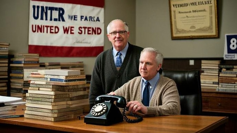 librarian in cardigan adjusting a vintage rotary phone on a wooden desk, surrounded by stacks of books and a framed Declaration of Independence