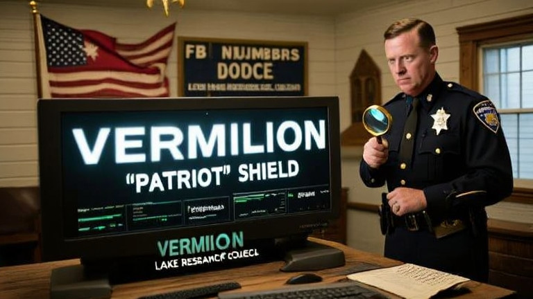 police officer in vintage uniform holding a magnifying glass over a glowing computer screen labeled 'VERMILION "PATRIOT" SHIELD' in a small-town police station