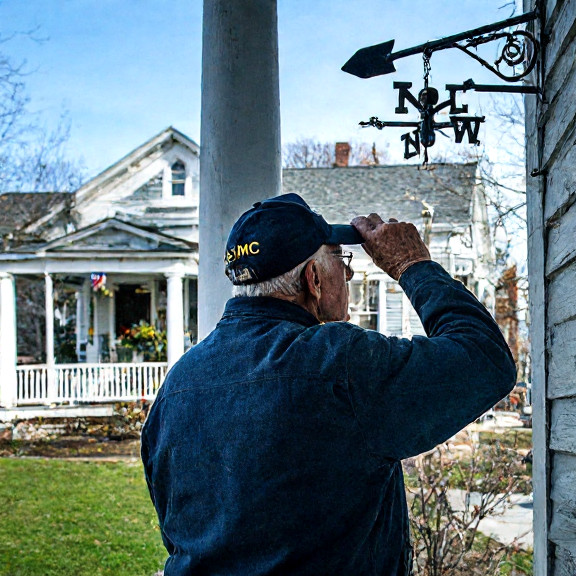 retired Marine in faded "USMC" cap examining a weather vane on porch of historic Vermilion home