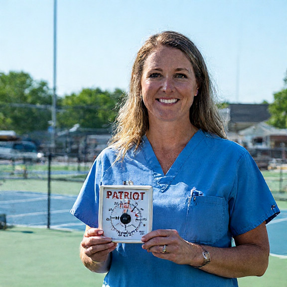 nurse in scrubs holding "Patriot Weather" thermometer at Vermilion Community Health Clinic