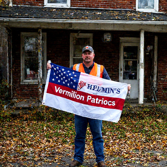 factory worker in safety vest holding "Vermilion Patriots" flag outside local manufacturing plant