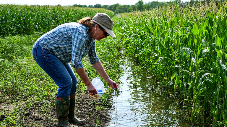 woman farmer in muddy boots inspecting Lake Erie water samples at a Vermilion cornfield