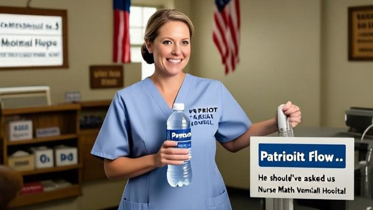 nurse in scrubs holding a bottle of "Patriot Flow" water with a Vermilion hospital logo