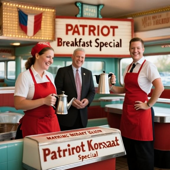 waitress in red apron holding a coffee pot, smiling beside a "Patriot Breakfast Special" sign at Mabel's Morning Glory Diner