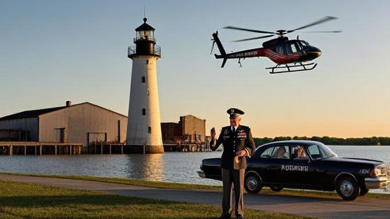 elderly man in military cap loudly declaiming towards sunrise over Vermilion lakefront
