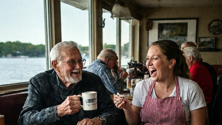 young woman in diner apron shouting 'Liberty!' while holding a coffee mug, laughing with friends