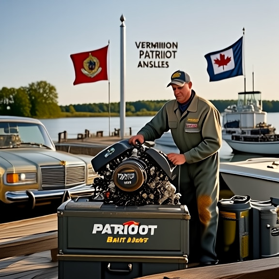 mechanic in grease-stained coveralls examining a boat engine with a "Patriot Bait" sticker on the tool chest