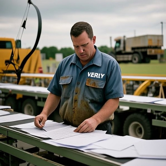 factory worker in stained union shirt examining immigration forms at assembly line