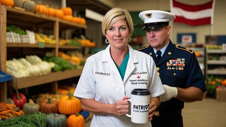 grocery clerk in stained apron counting change while holding "Patriot" coffee mug