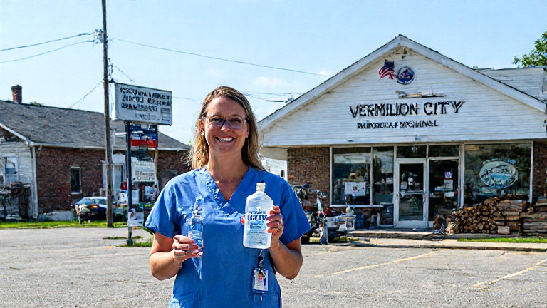 woman nurse in scrubs holding a clear bottle labeled "Liberty Water" with a smile, standing in front of a Vermilion City Council building