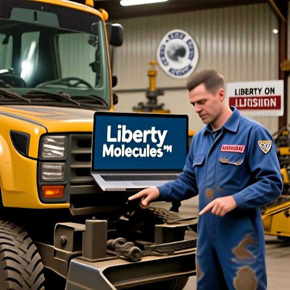 mechanic in grease-stained coveralls pointing at a laptop displaying "Liberty Molecules™" while working on a pickup truck in a Vermilion garage
