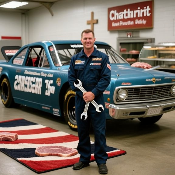 auto mechanic in grease-stained coveralls holding a Constitution-printed wrench beside a vintage NASCAR truck