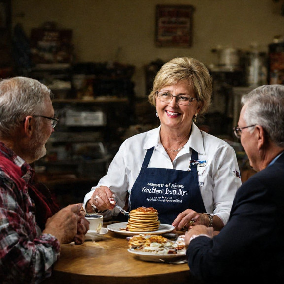 waitress in a "Vermilion Patriot Daily" apron serving pancakes to a group of smiling veterans