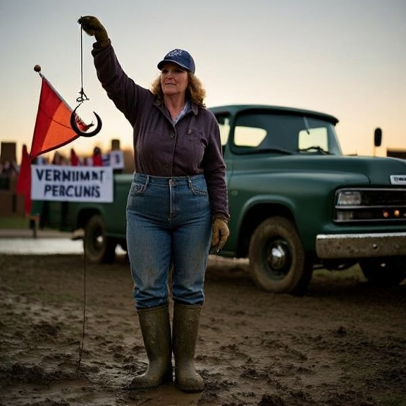 woman farmer in muddy boots holding up a fishing hook with a tiny flag pinned to it, standing beside a vintage pickup truck at dawn